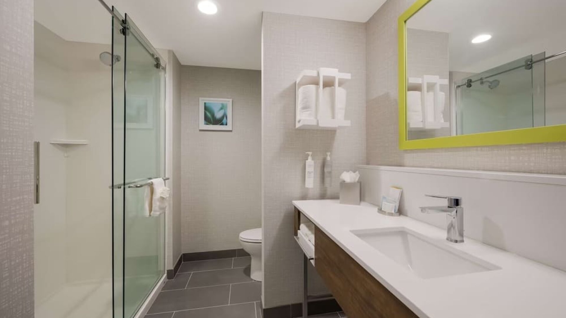 Guest bathroom with shower at Hampton Inn Detroit Southfield.
