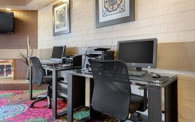 Business center with computers, printer and ergonomic chairs at Holiday Inn Express Chicago - Downers Grove.