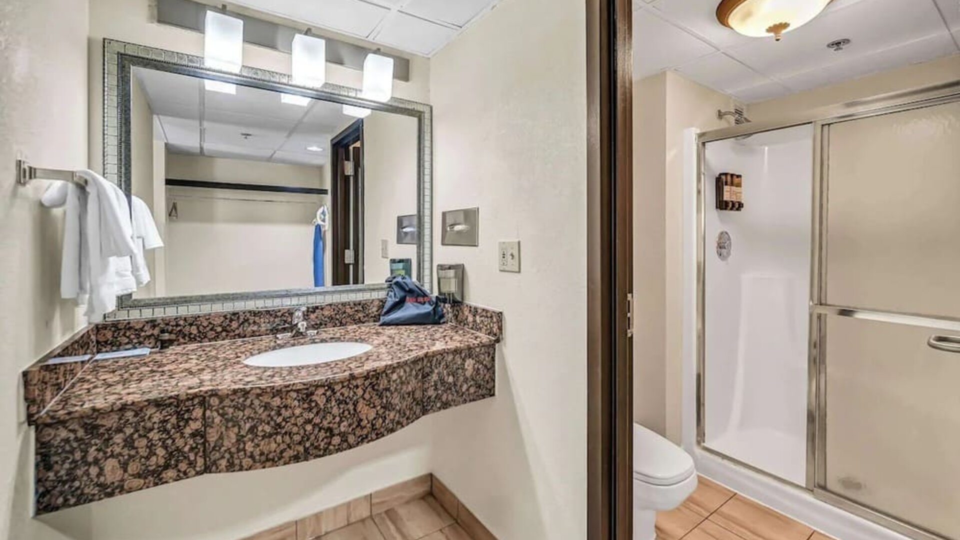 Private guest bathroom with shower and free toiletries at Radisson Hotel Schaumburg.