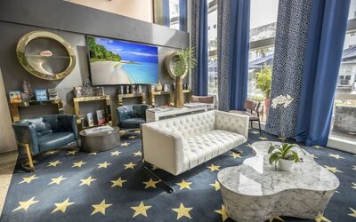 Lobby lounge area and workspace at Catalina Hotel & Beach Club.