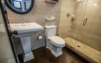 Private guest bathroom with shower and free toiletries at Hotel Croydon.
