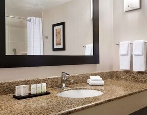 Private guest bathroom with shower and free toiletries at Embassy Suites By Hilton Convention Center Las Vegas.