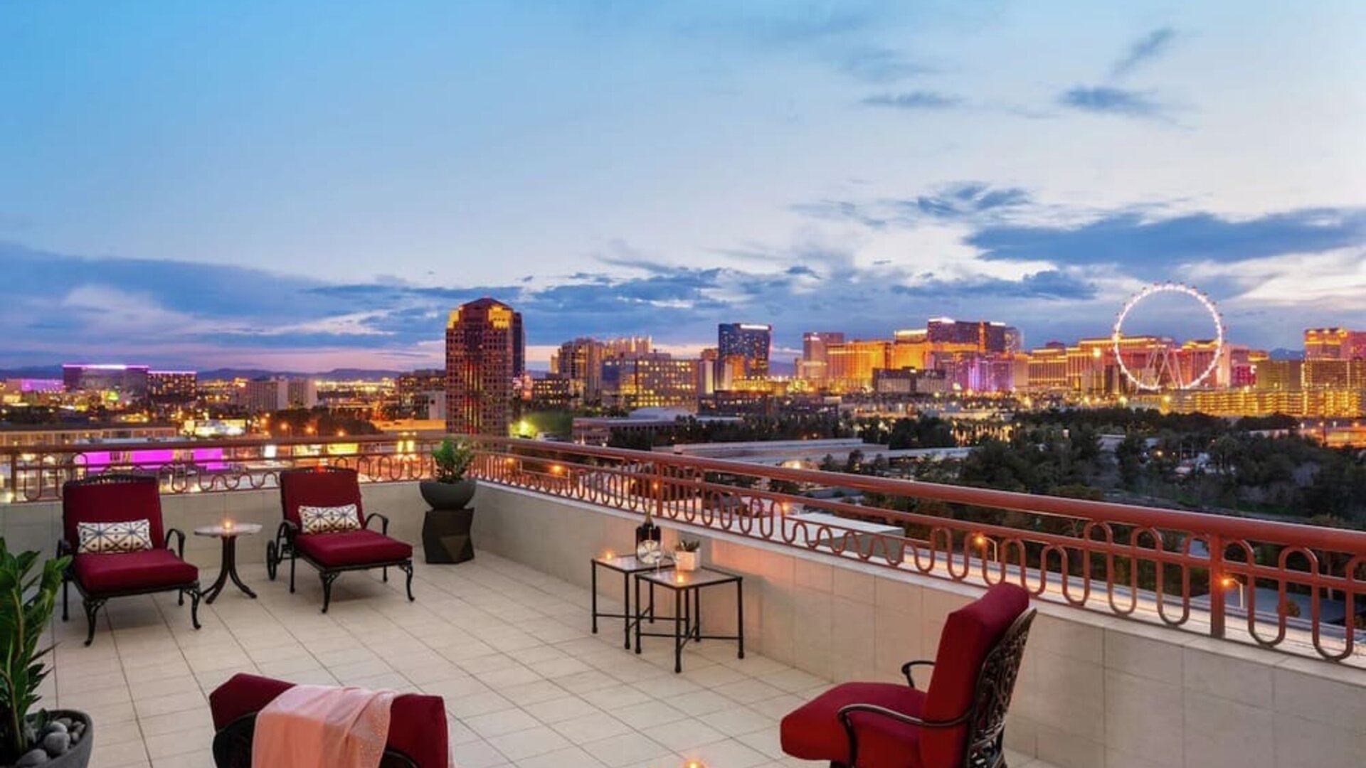 Rooftop terrace with lounge seating at Embassy Suites By Hilton Convention Center Las Vegas.