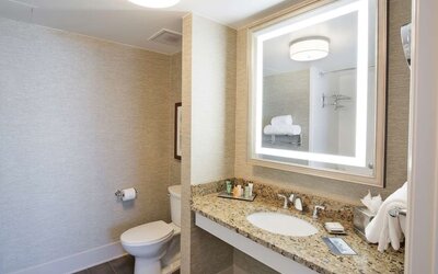 Private guest bathroom with shower and free toiletries at Hilton Baton Rouge Capitol Center.