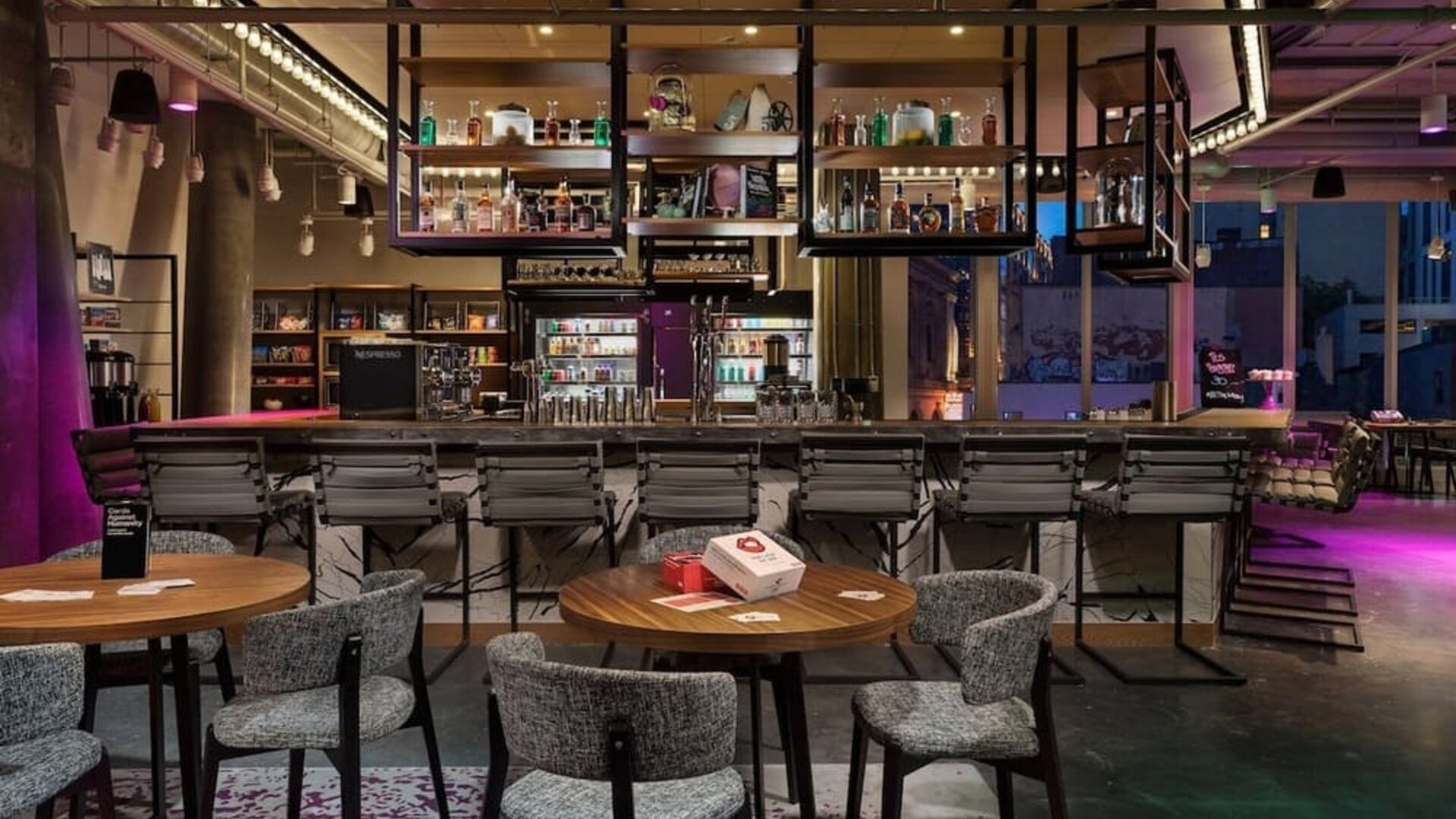 Hotel bar at Moxy Boston Downtown.