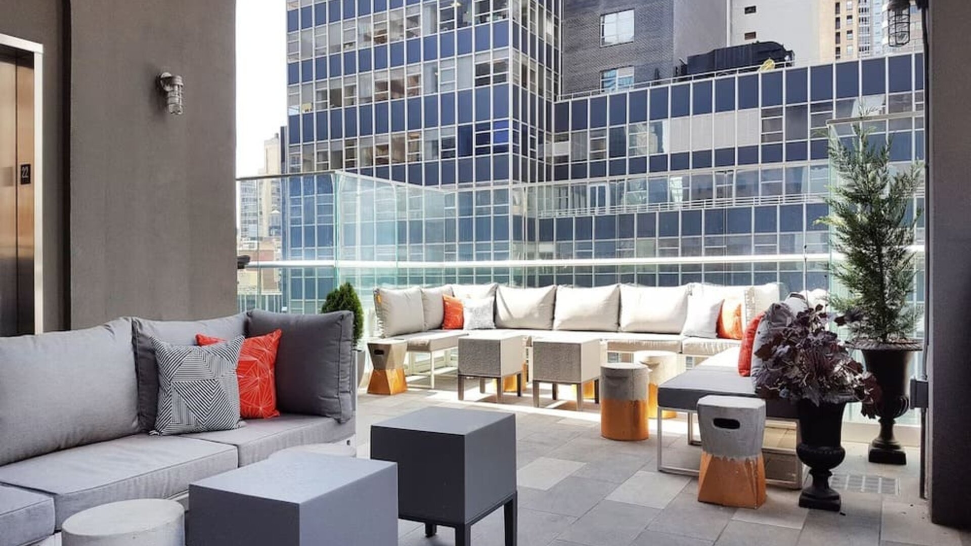 Terrace with ample seats perfect for coworking at The Bernic Hotel New York City, Tapestry Collection By Hilton.