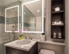 Guest bathroom with shower at The Bernic Hotel New York City, Tapestry Collection By Hilton.