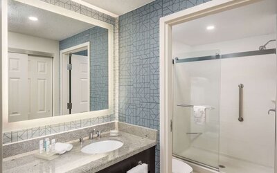 Guest bathroom with shower at Homewood Suites By Hilton Miami Airport-Blue Lagoon.