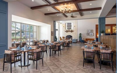 Dining area with natural light perfect for coworking at Hilton San Antonio Hill Country.