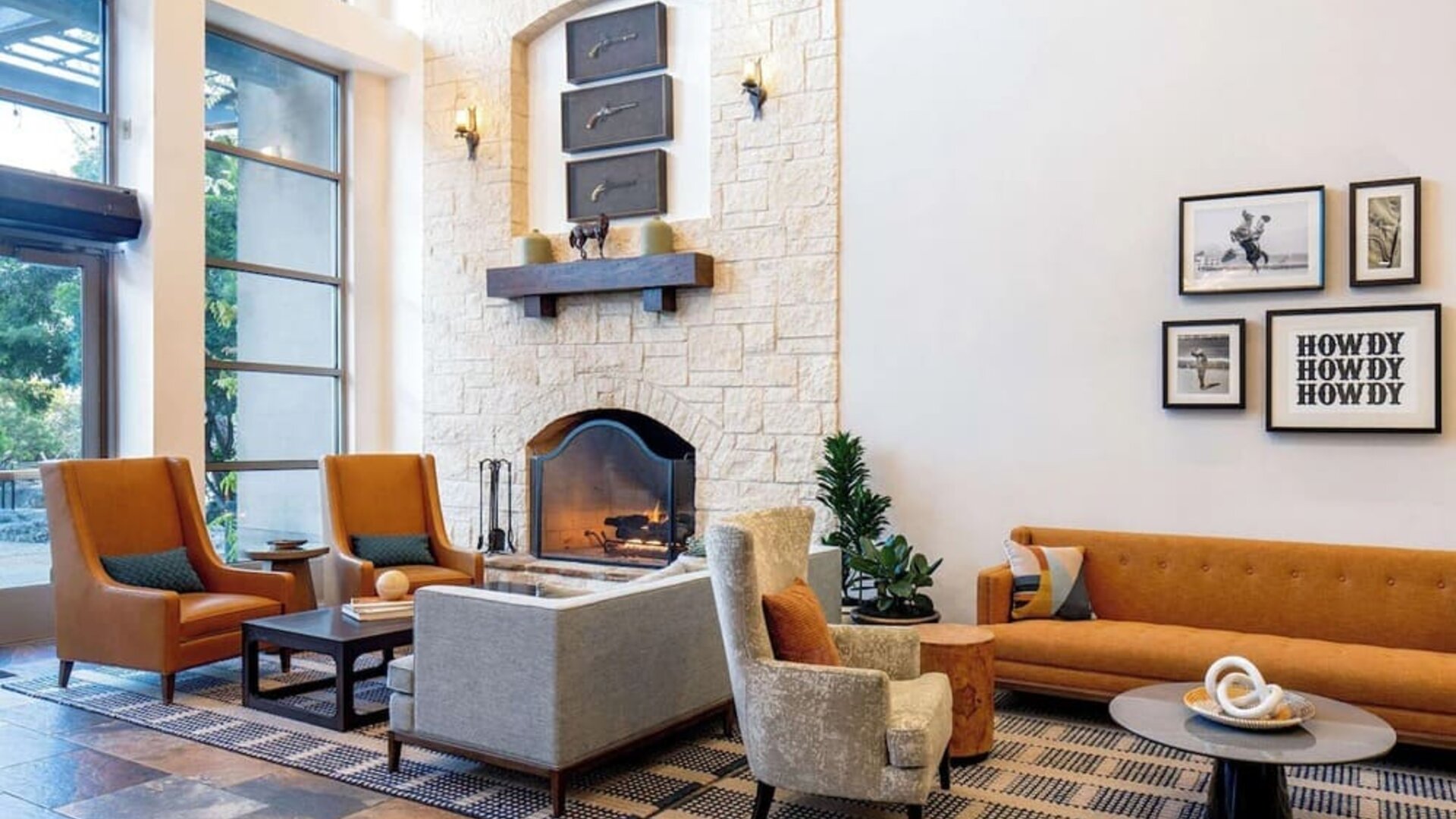 Lobby and coworking lounge at Hilton San Antonio Hill Country.