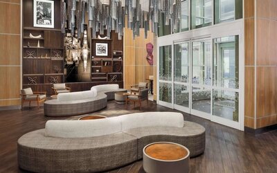 Lobby lounge at Hampton Inn Manhattan/Times Square Central.