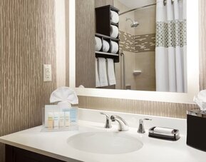 Private guest bathroom with shower and free toiletries at Hampton Inn Manhattan/Times Square Central.
