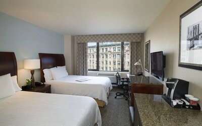 Day use twin room with work desk at Hilton Garden Inn New York/Tribeca.