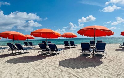 Beach seating at Circa 39 Hotel.
