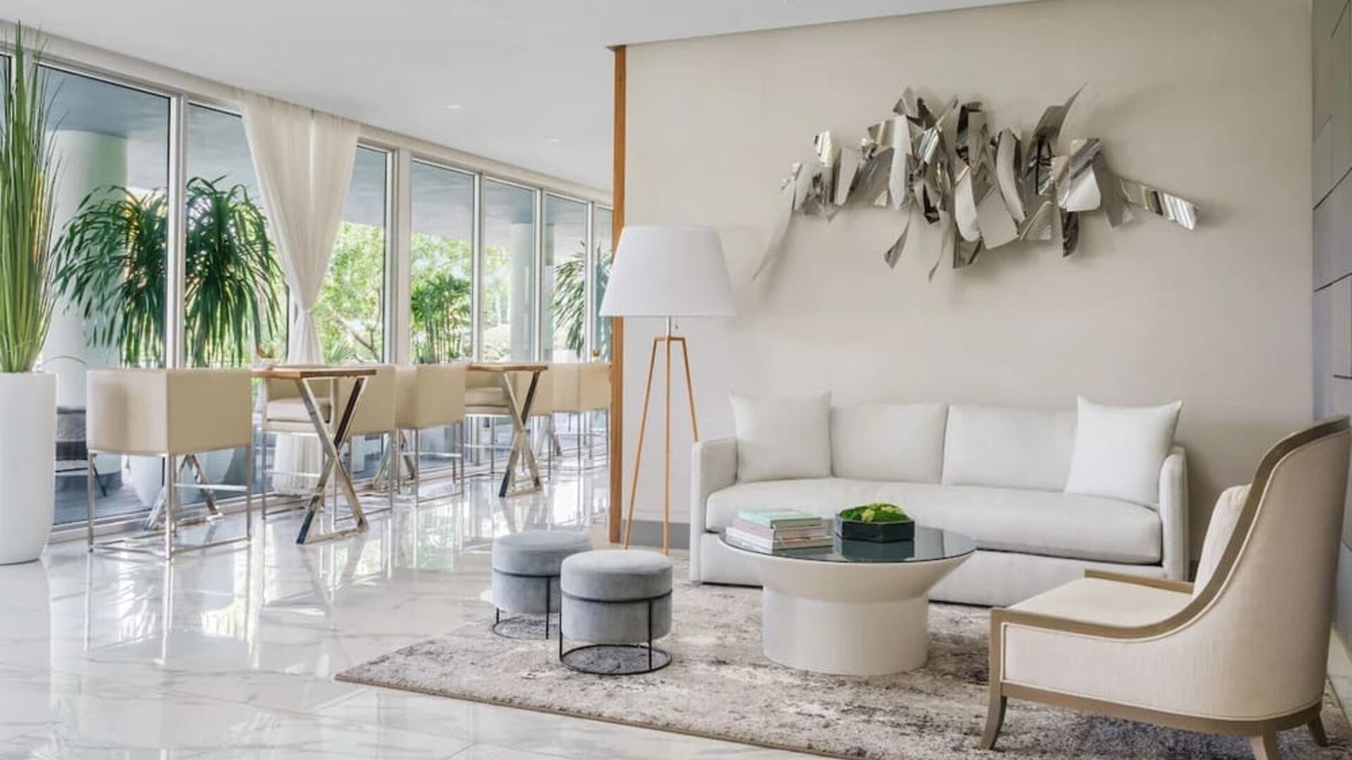 Lobby lounge and workspace at The Altair Hotel Bay Harbor.