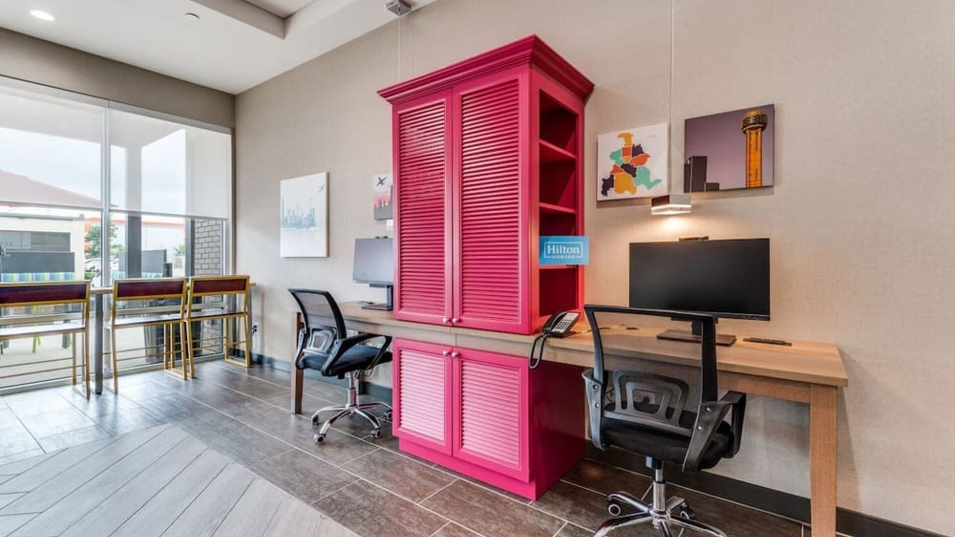 Business center with computers, printer and ergonomic chair at Home2 Suites By Hilton Dallas Medical District Lovefield.