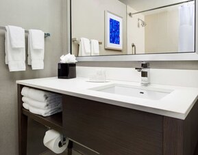 Private guest bathroom with shower and free toiletries at Courtyard Boston Cambridge.