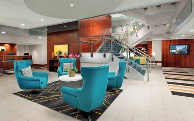 Hotel lobby at Courtyard Boston Cambridge.