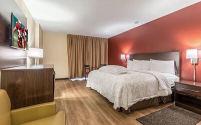 Day use room with king bed and workspace at Red Roof PLUS+ & Suites Houston - IAH Airport SW.