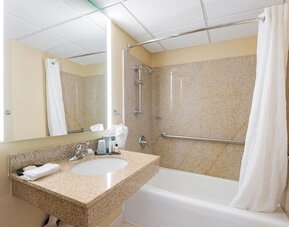 Private guest bathroom with free toiletries at Wyndham Omaha.