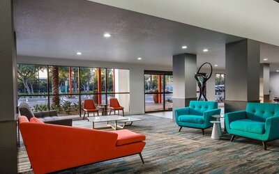 Lobby and coworking lounge at The Anaheim Hotel.