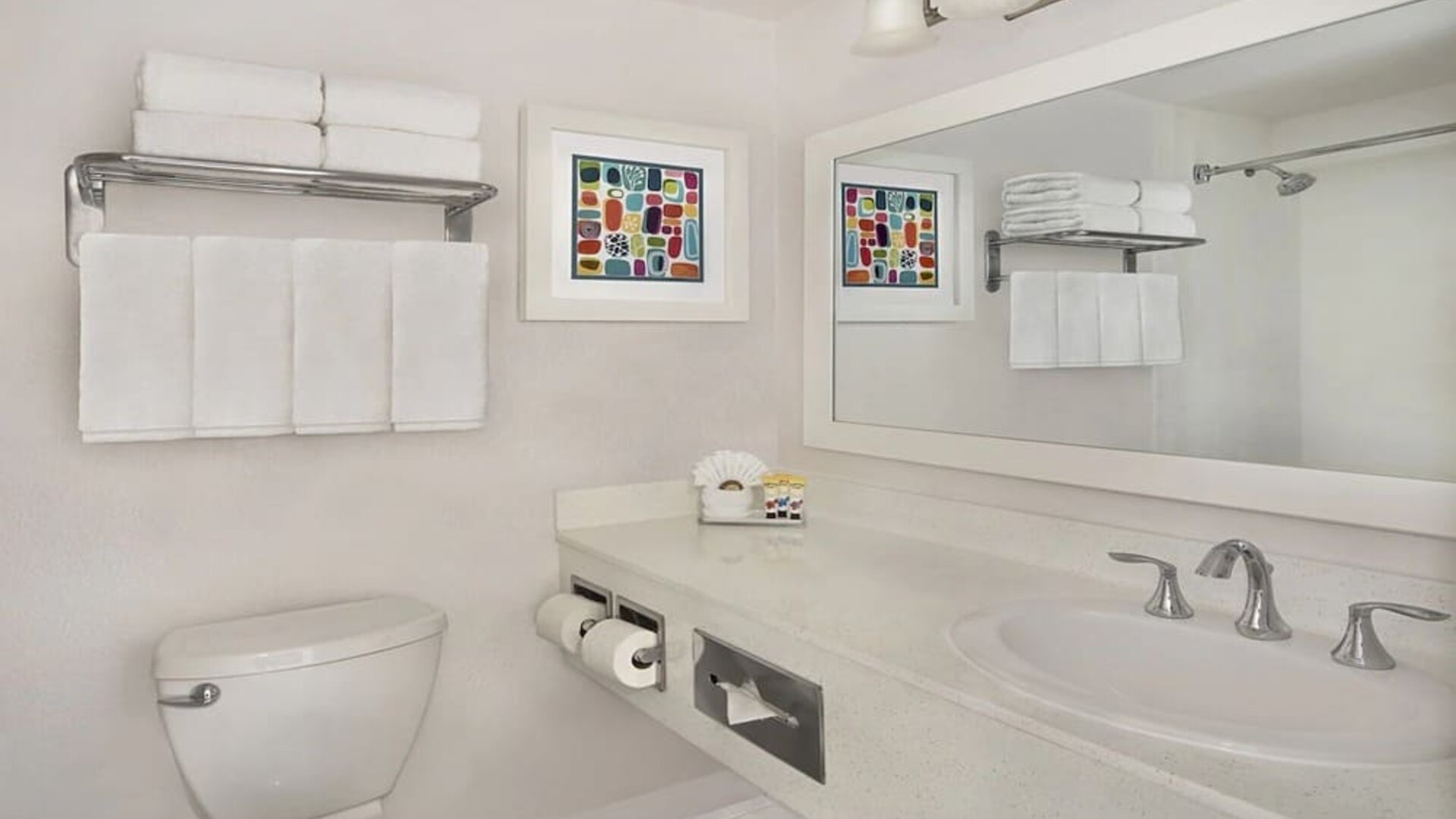 Guest bathroom with shower at The Anaheim Hotel.