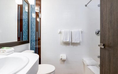 Private guest bathroom with combined shower and tub at Regency Miami Airport By Sonesta.