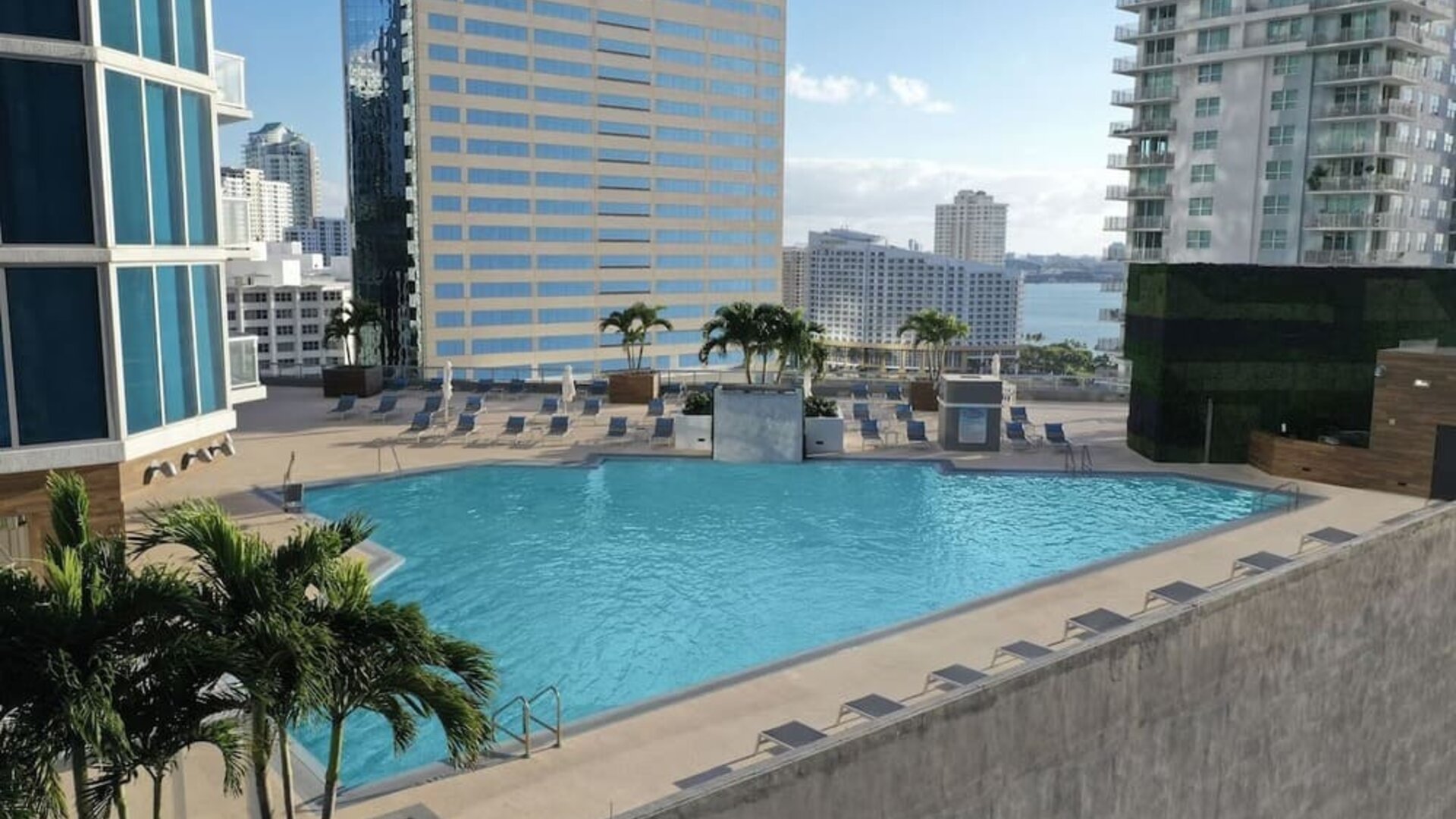 Rooftop pool with lounge chairs at Hyatt Centric Brickell Miami.