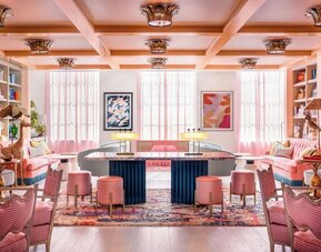 Hotel library, lounge area and workspace at The Goodtime Hotel.