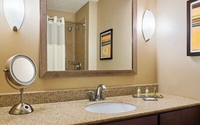 Guest bathroom at DoubleTree By Hilton Houston Intercontinental Airport.