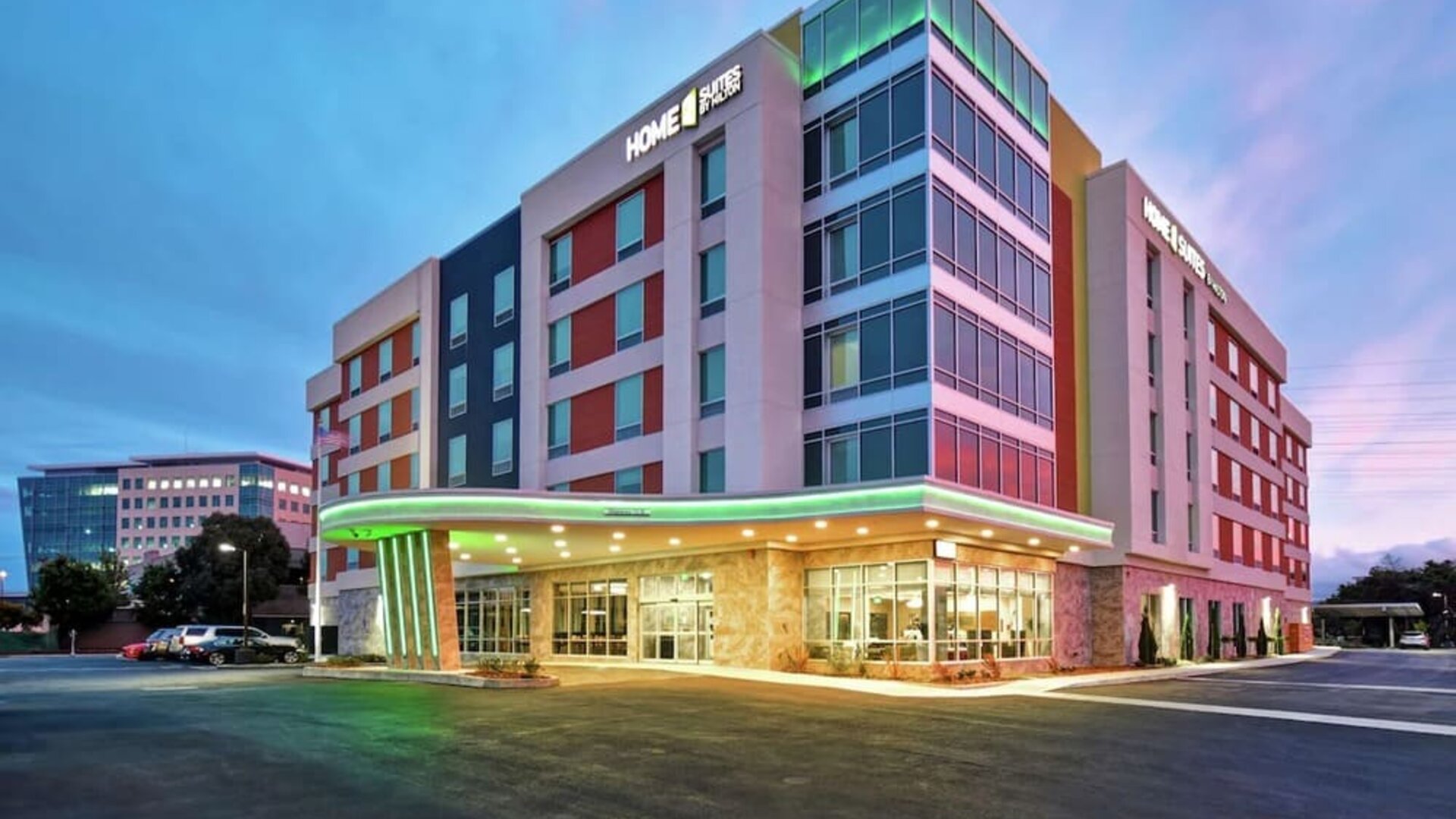 Hotel exterior at Home2 Suites By Hilton San Francisco Airport North.