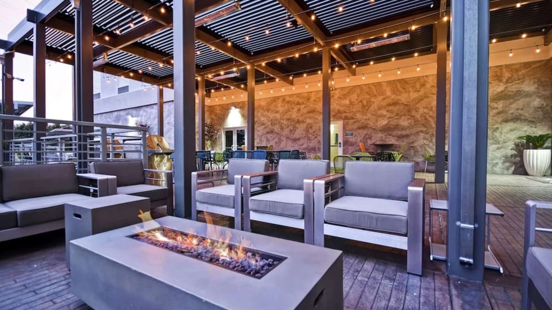 Outdoor seating at Home2 Suites By Hilton San Francisco Airport North.