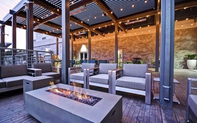 Outdoor seating at Home2 Suites By Hilton San Francisco Airport North.