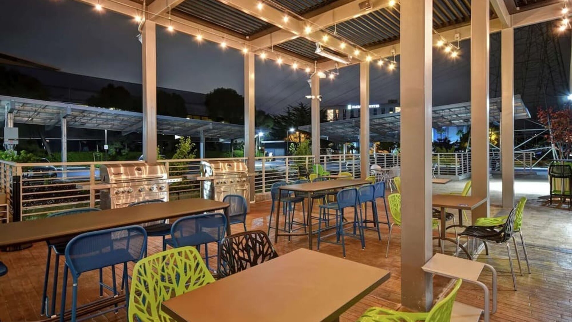 Outdoor seating at Home2 Suites By Hilton San Francisco Airport North.