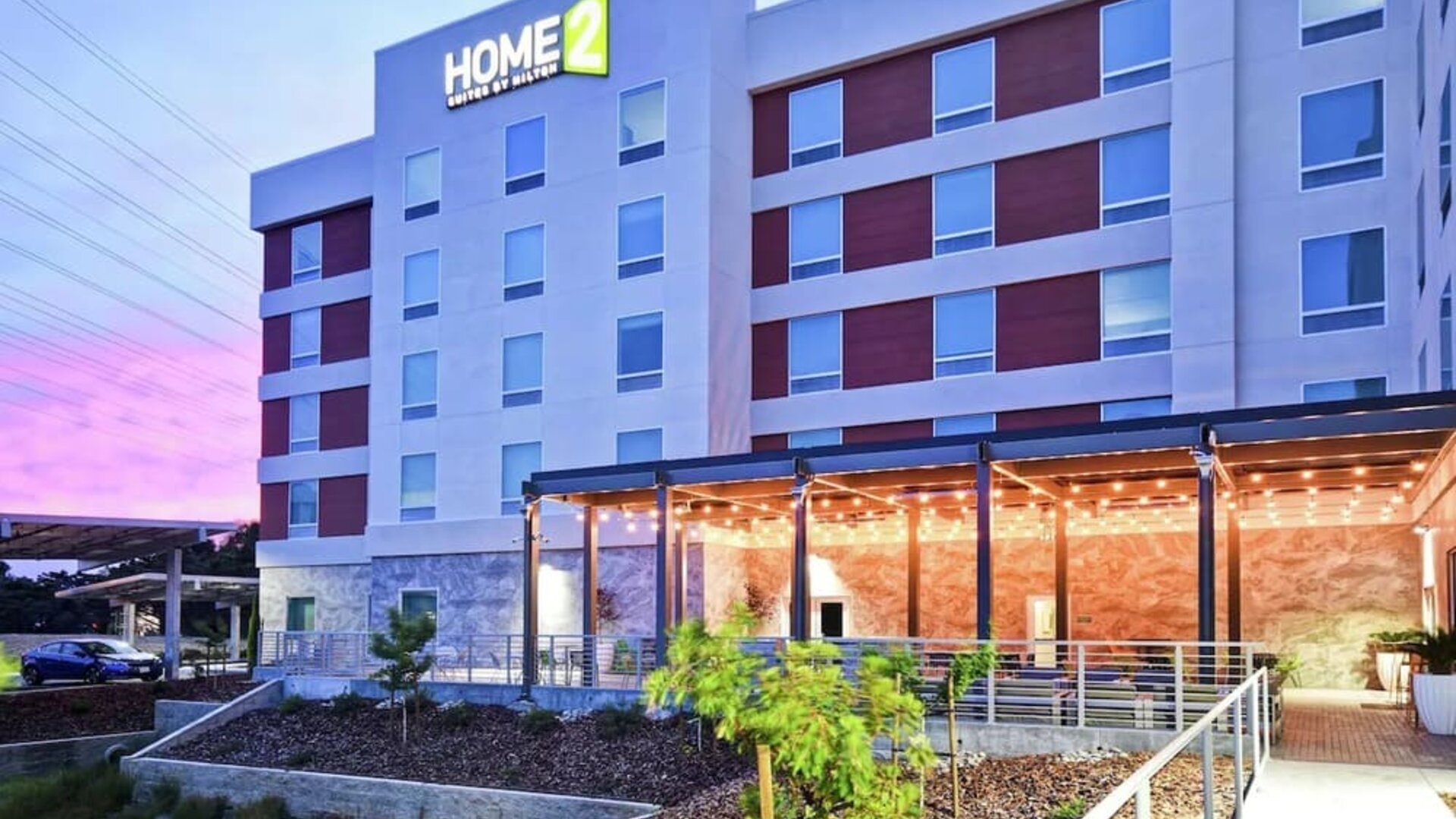 Hotel exterior at Home2 Suites By Hilton San Francisco Airport North.