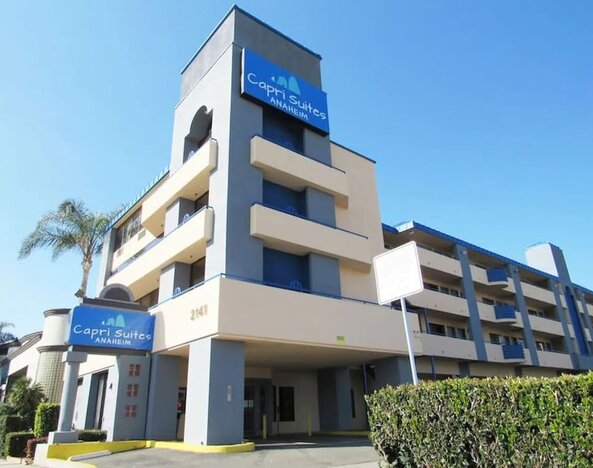 Hotel exterior at Capri Suites Anaheim.