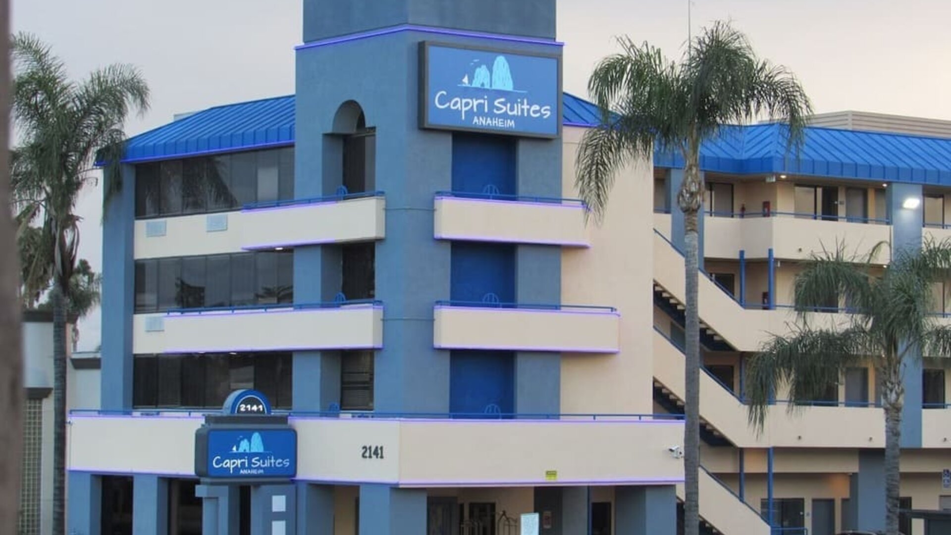 Hotel exterior at Capri Suites Anaheim.