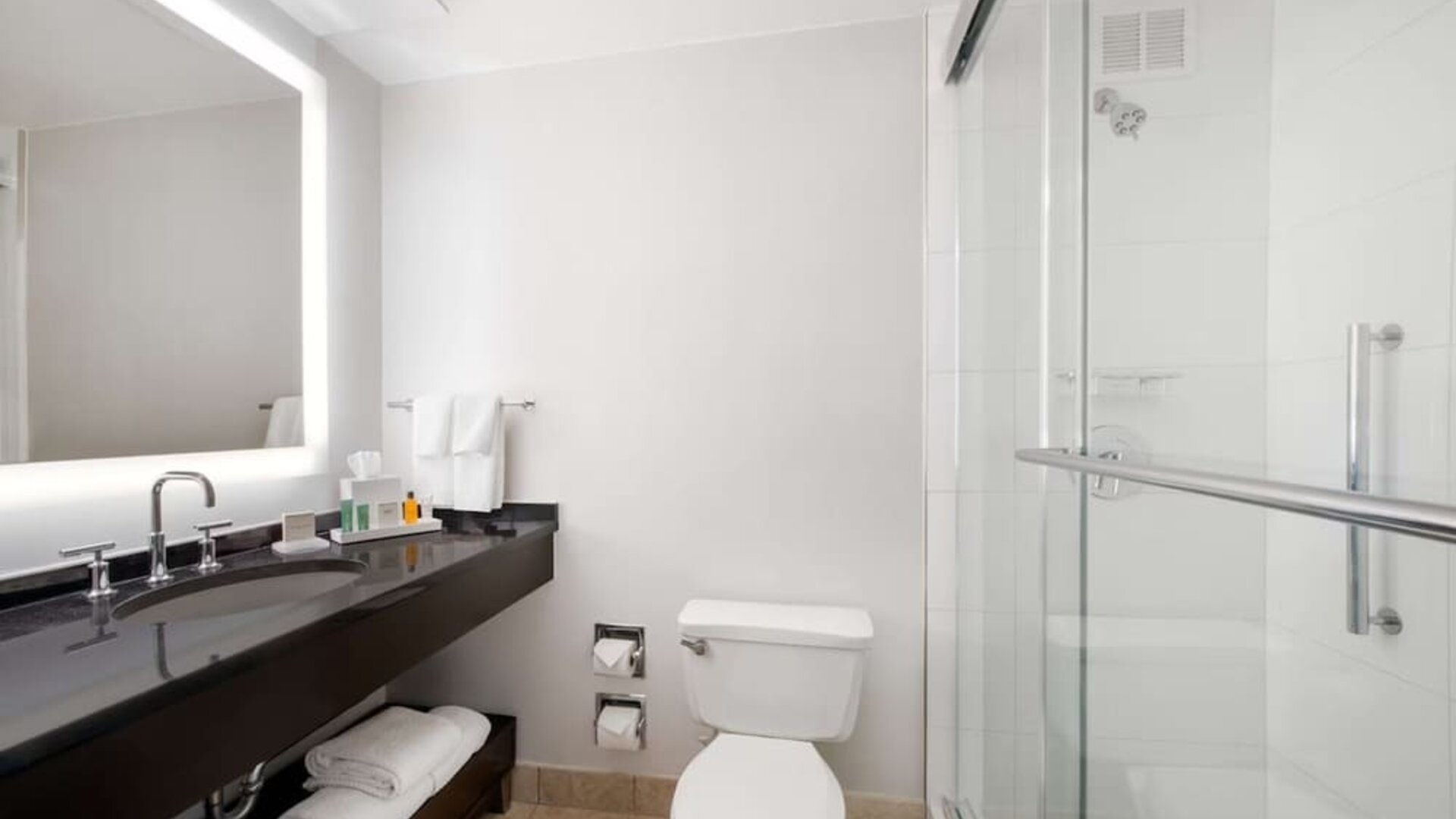 Guest bathroom with shower at Hilton Atlanta.