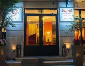 Hotel entrance at Delphi Art Hotel.