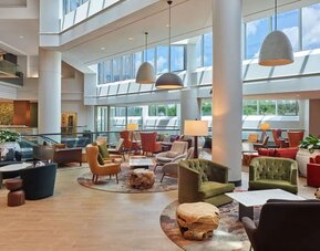 Coworking lounge at Hilton Atlanta Airport.