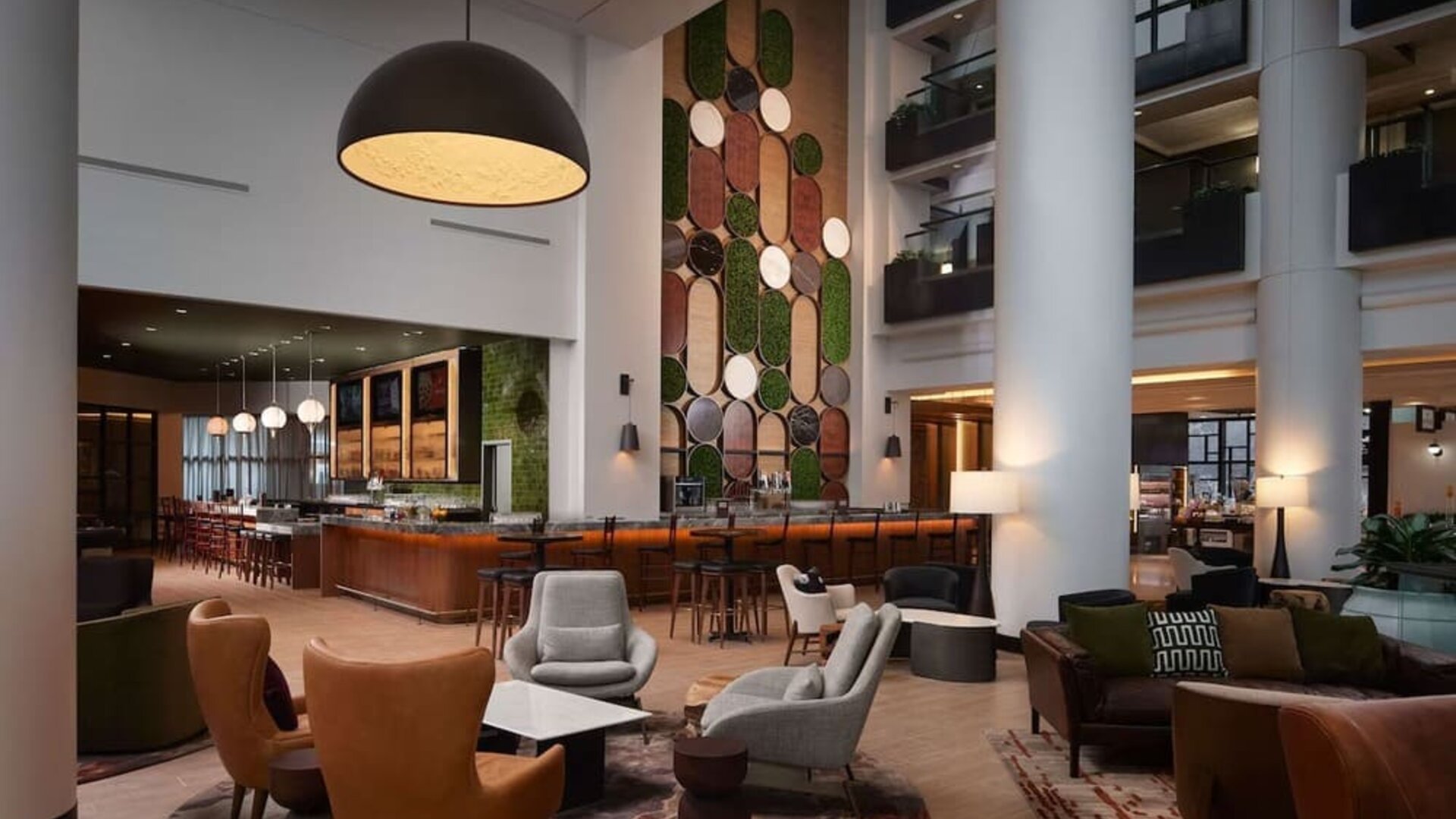 Lobby and lounge at Hilton Atlanta Airport.