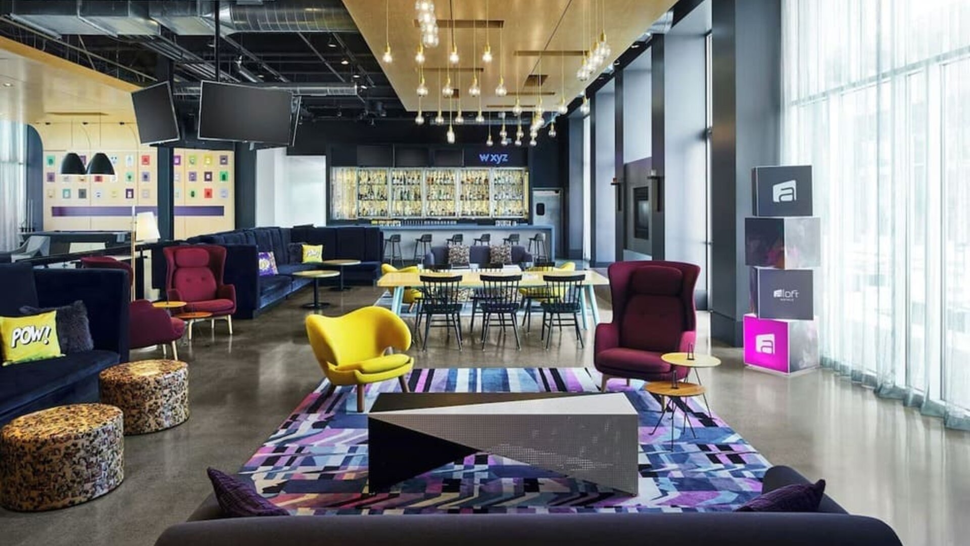 Lobby and coworking lounge at Aloft SFO.