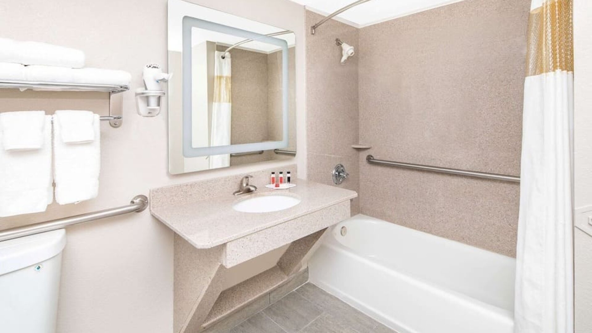 Guest bathroom at Ramada By Wyndham Alpharetta/Atlanta North.