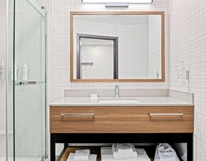 Guest bathroom at Hampton Inn By Hilton Costa Mesa Newport Beach.