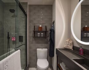 Bathroom at at Moxy NYC Downtown.