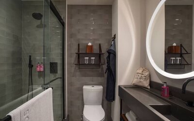 Bathroom at at Moxy NYC Downtown.