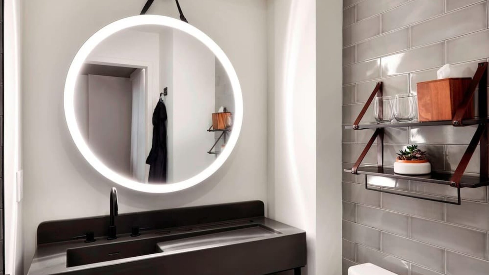 Bathroom at at Moxy NYC Downtown.