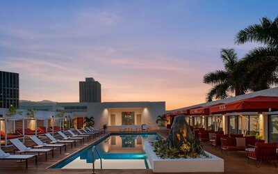 Pool loungers and cabanas at ROK Hotel Kingston, Tapestry Collection By Hilton.