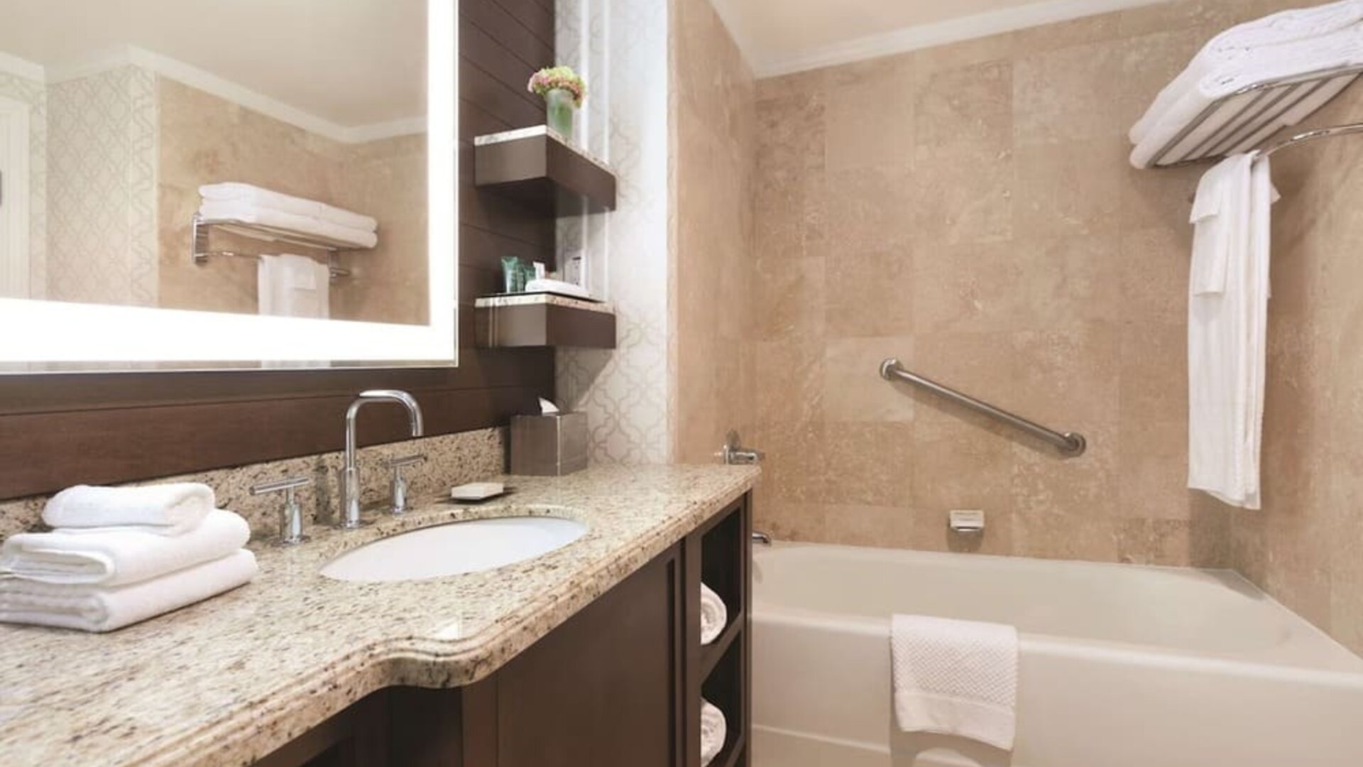 Modern bathroom at Hilton Los Angeles/San Gabriel with modern facilities and plush towels.