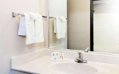 Bathroom with towels at Hotel Piney Woods.